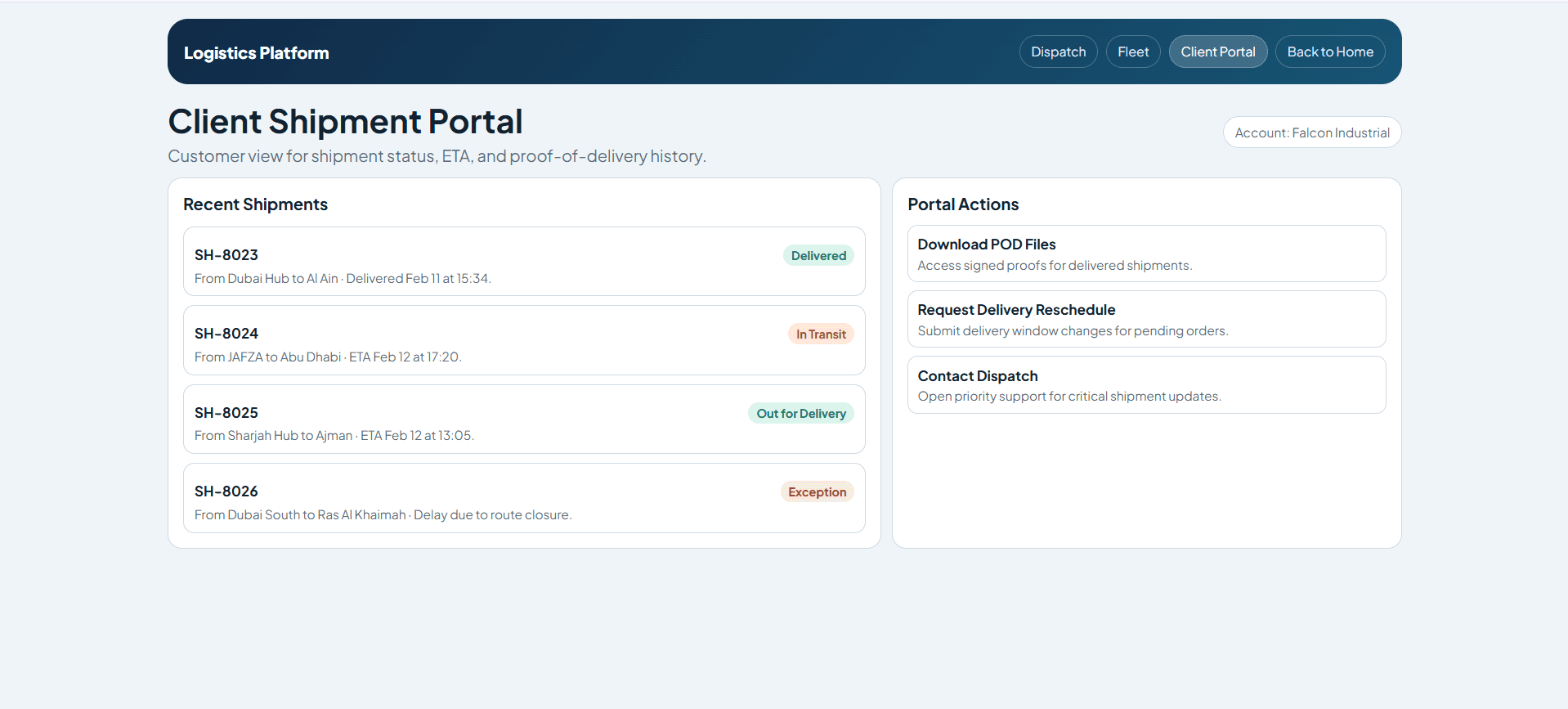Logistics client portal screen